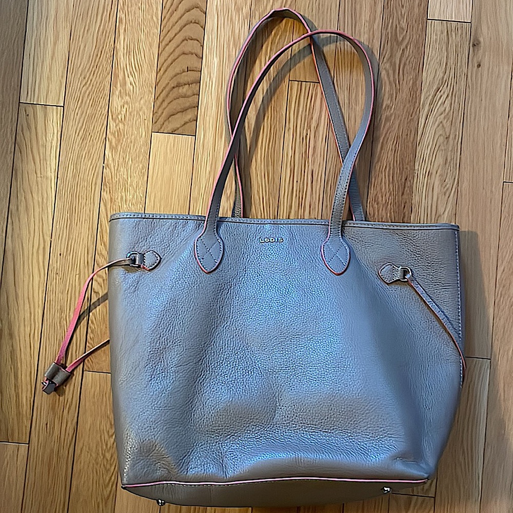 LODIS Taupe with salmon Pink accents Leather Tote Bag